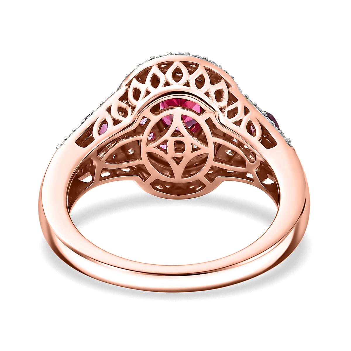 D'Joy Premium Orissa Rhodolite Garnet and Moissanite 2.20 ctw Wine Fire Halo Ring in 18K Vermeil Rose Gold Over Sterling Silver (Size 10.0)