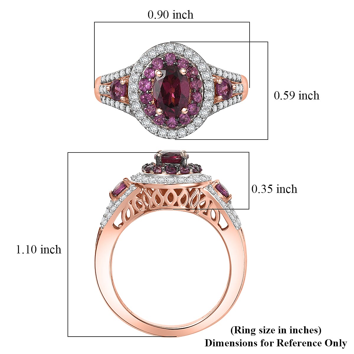 D'Joy Premium Orissa Rhodolite Garnet and Moissanite 2.20 ctw Wine Fire Halo Ring in 18K Vermeil Rose Gold Over Sterling Silver (Size 10.0)