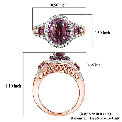 D'Joy Premium Orissa Rhodolite Garnet and Moissanite 2.20 ctw Wine Fire Halo Ring in 18K Vermeil Rose Gold Over Sterling Silver (Size 10.0)