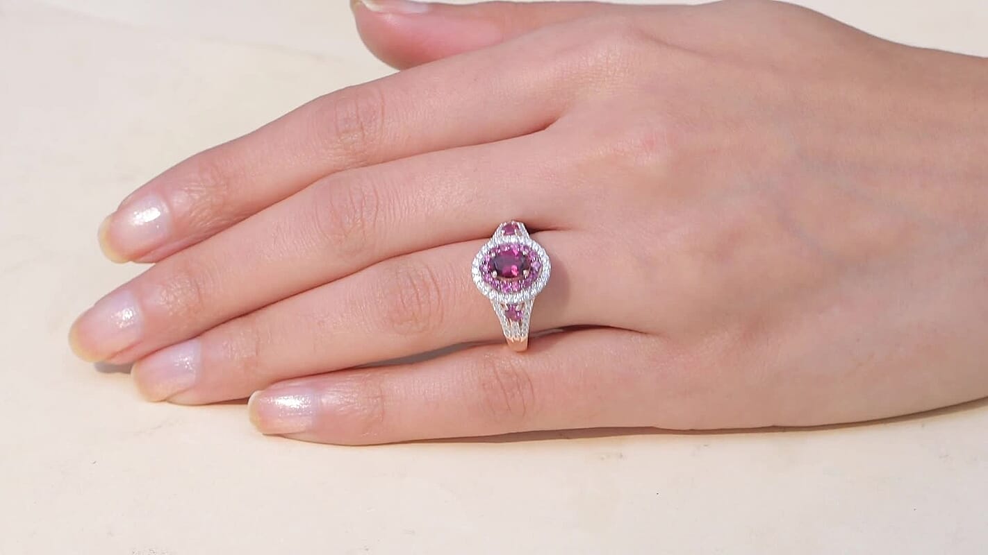 D'Joy Premium Orissa Rhodolite Garnet, Moissanite Ring in 18K Vermeil RG Over Sterling Silver (Size 10.0) 2.20 ctw