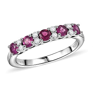 D'Joy Premium Orissa Rhodolite Garnet and Moissanite 0.90 ctw Velvet Glow Band Ring in Rhodium Over Sterling Silver (Size 10.0)