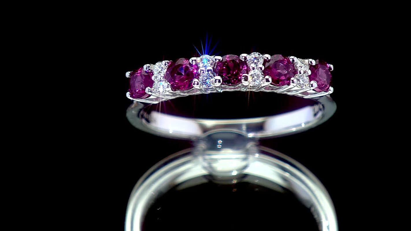 D'Joy Premium Orissa Rhodolite Garnet, Moissanite Ring in Rhodium Over Sterling Silver (Size 10.0) 0.90 ctw