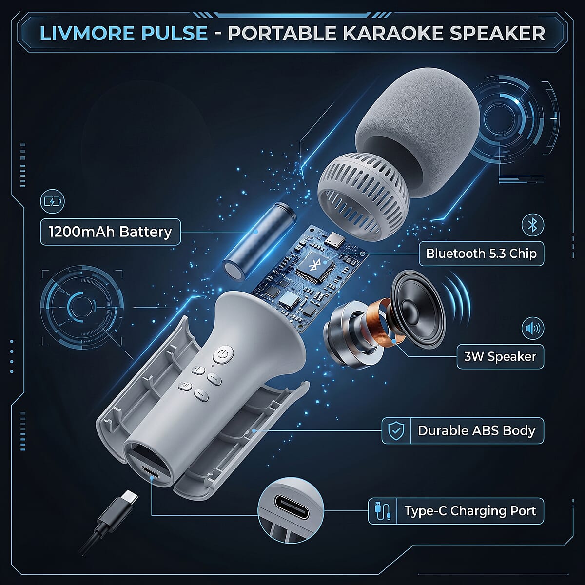 Livemore White Bluetooth Microphone Speaker with 1200mAh Rechargeable Battery image number 5