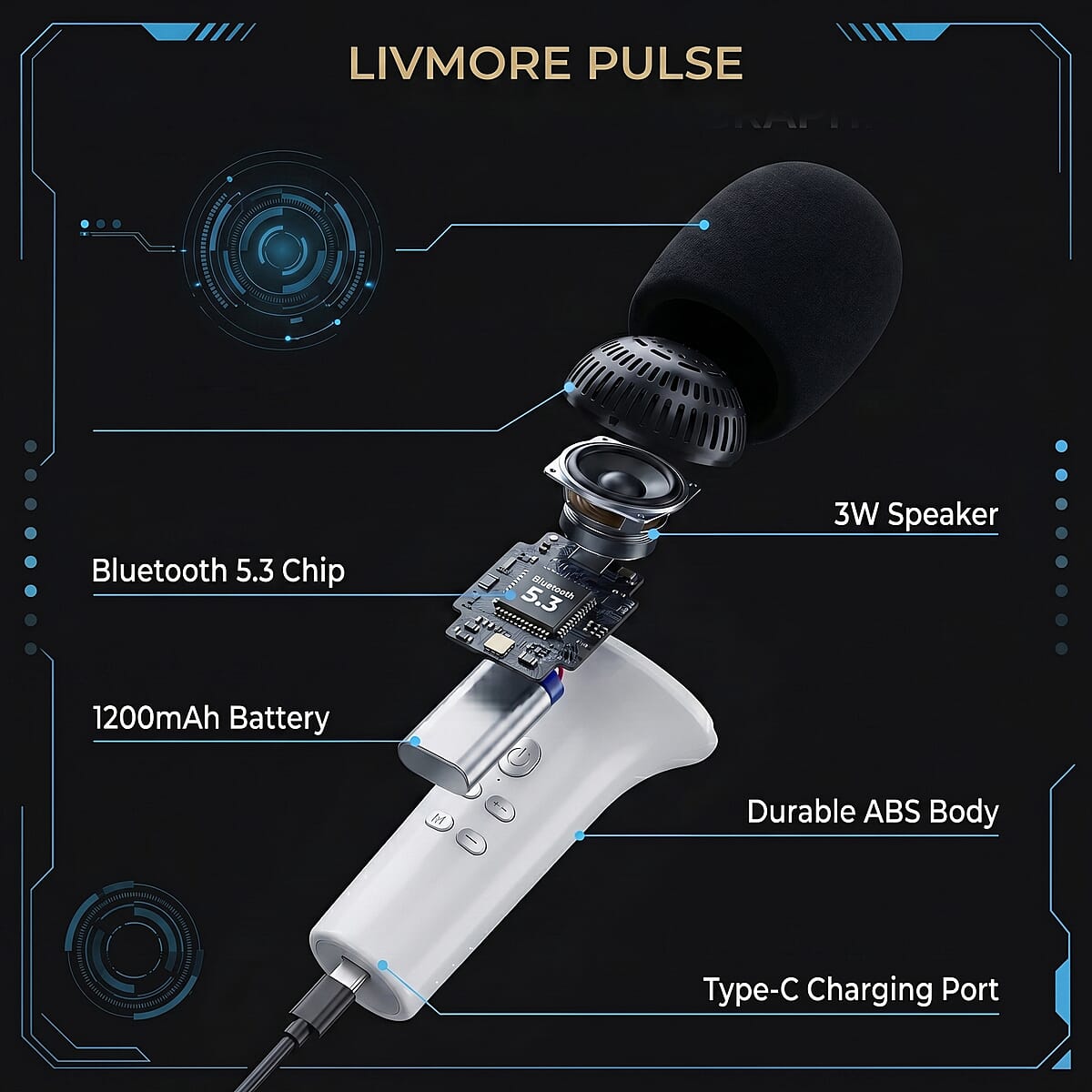 Livemore White Bluetooth Microphone Speaker with 1200mAh Rechargeable Battery image number 9