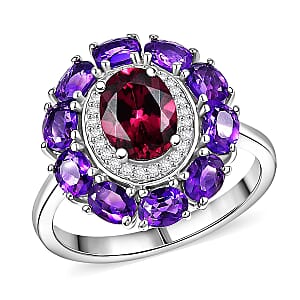 D'Joy Premium Orissa Rhodolite Garnet and Multi Gemstone 3.25 ctw Velvet Blossom Ring in Rhodium Over Sterling Silver (Size 10.0)