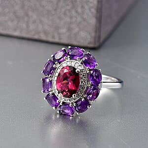 D'Joy Premium Orissa Rhodolite Garnet and Multi Gemstone 3.25 ctw Velvet Blossom Ring in Rhodium Over Sterling Silver (Size 10.0)