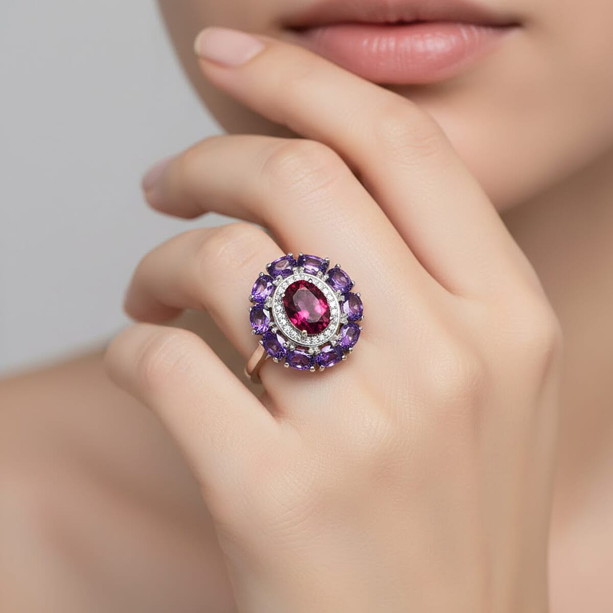 D'Joy Premium Orissa Rhodolite Garnet and Multi Gemstone 3.25 ctw Velvet Blossom Ring in Rhodium Over Sterling Silver (Size 10.0) image number 2