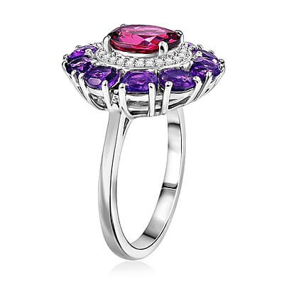 D'Joy Premium Orissa Rhodolite Garnet and Multi Gemstone 3.25 ctw Velvet Blossom Ring in Rhodium Over Sterling Silver (Size 7.0)