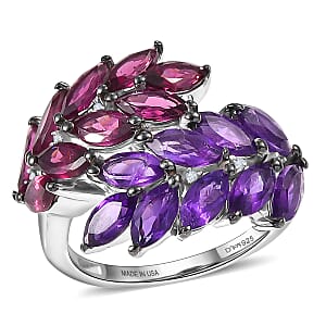D'Joy Orissa Rhodolite Garnet and African Amethyst, White Zircon 5.00 ctw Two-Tone Gem Ring in Rhodium Over Sterling Silver (Size 10.0)