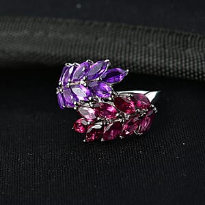 D'Joy Orissa Rhodolite Garnet and African Amethyst, White Zircon 5.00 ctw Two-Tone Gem Ring in Rhodium Over Sterling Silver (Size 10.0)
