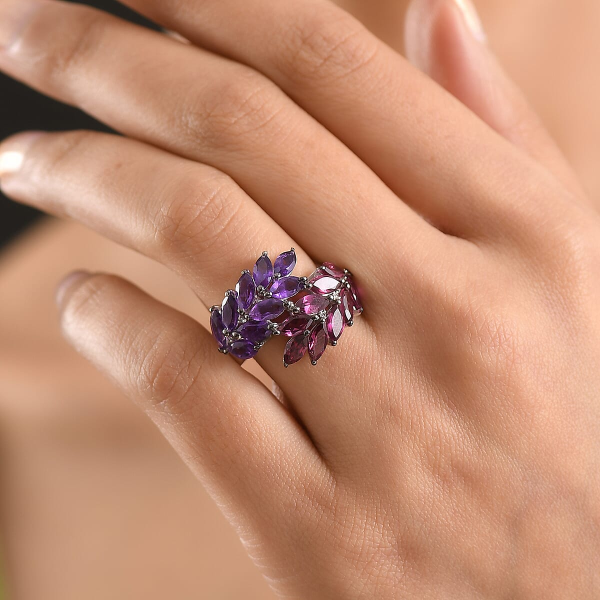 D'Joy Orissa Rhodolite Garnet and African Amethyst, White Zircon 5.00 ctw Two-Tone Gem Ring in Rhodium Over Sterling Silver (Size 10.0) image number 2