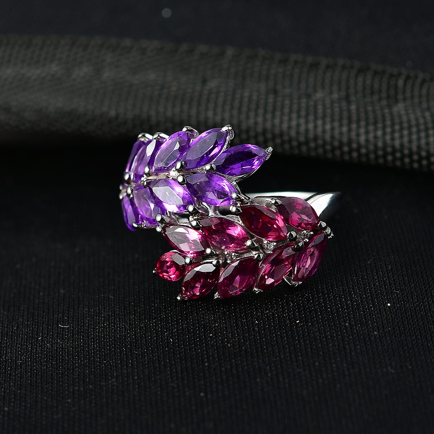 D'Joy Orissa Rhodolite Garnet and African Amethyst, White Zircon 5.00 ctw Two-Tone Gem Ring in Rhodium Over Sterling Silver (Size 6.0)