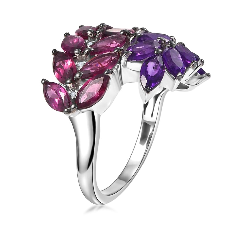 D'Joy Orissa Rhodolite Garnet and African Amethyst, White Zircon 5.00 ctw Two-Tone Gem Ring in Rhodium Over Sterling Silver (Size 6.0)