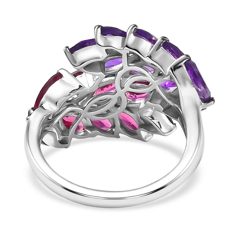 D'Joy Orissa Rhodolite Garnet and African Amethyst, White Zircon 5.00 ctw Two-Tone Gem Ring in Rhodium Over Sterling Silver (Size 6.0)