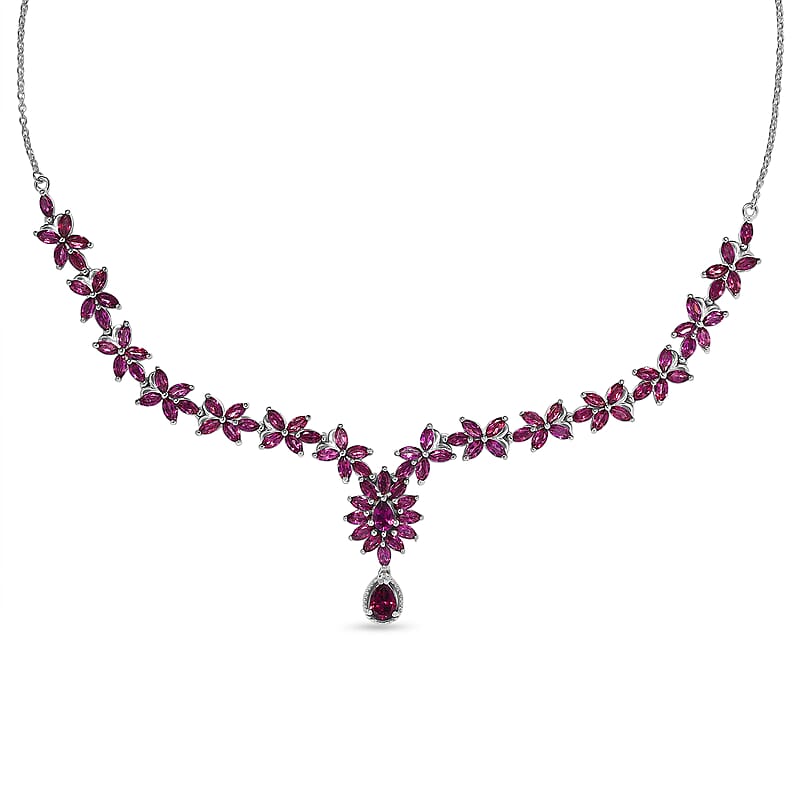 D'Joy Premium Orissa Rhodolite Garnet 17.00 ctw Wine Petal Necklace in Rhodium Over Sterling Silver 18-20 Inches