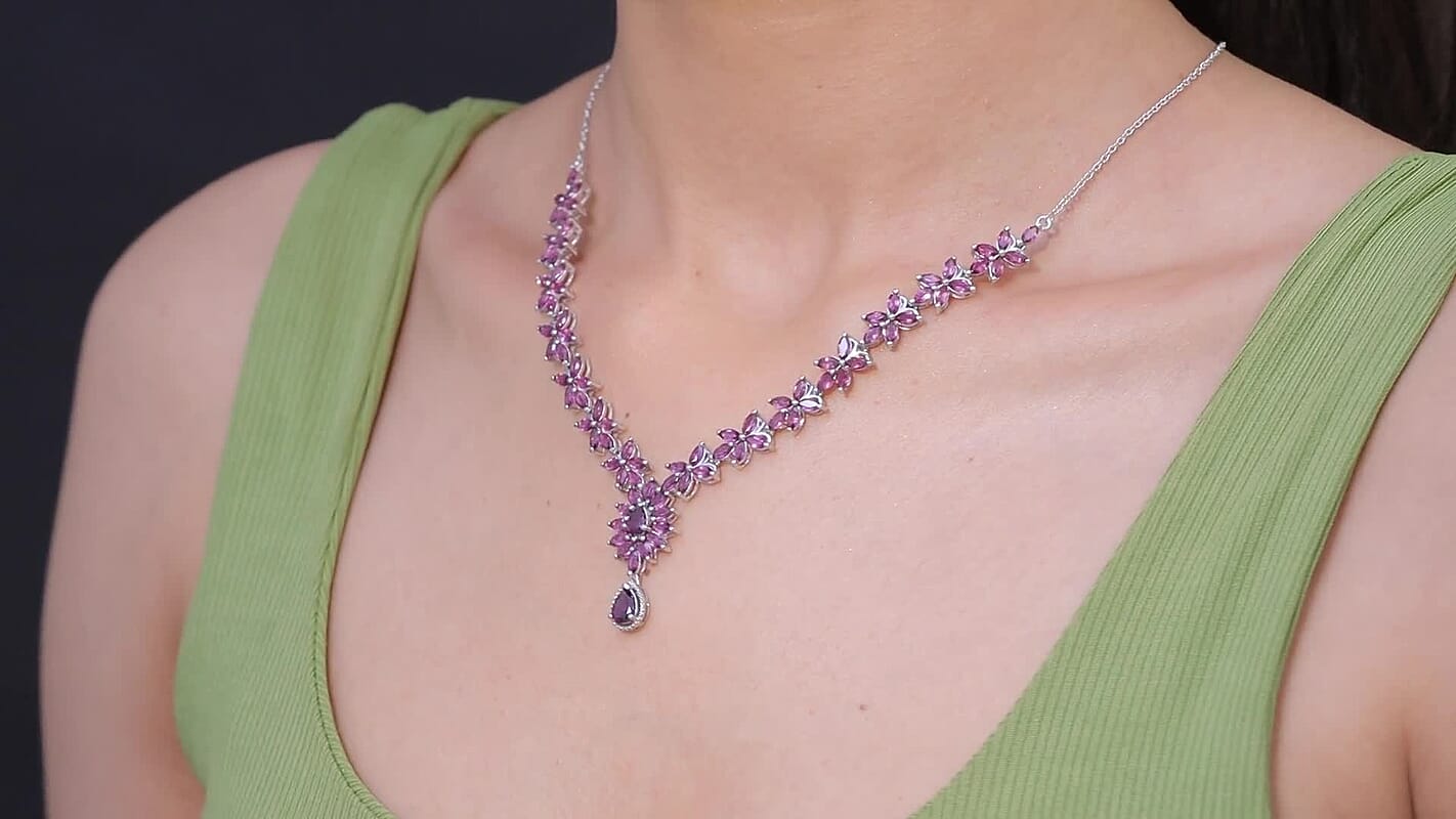 D'Joy Premium Orissa Rhodolite Garnet 17.00 ctw Wine Petal Necklace in Rhodium Over Sterling Silver 18-20 Inches