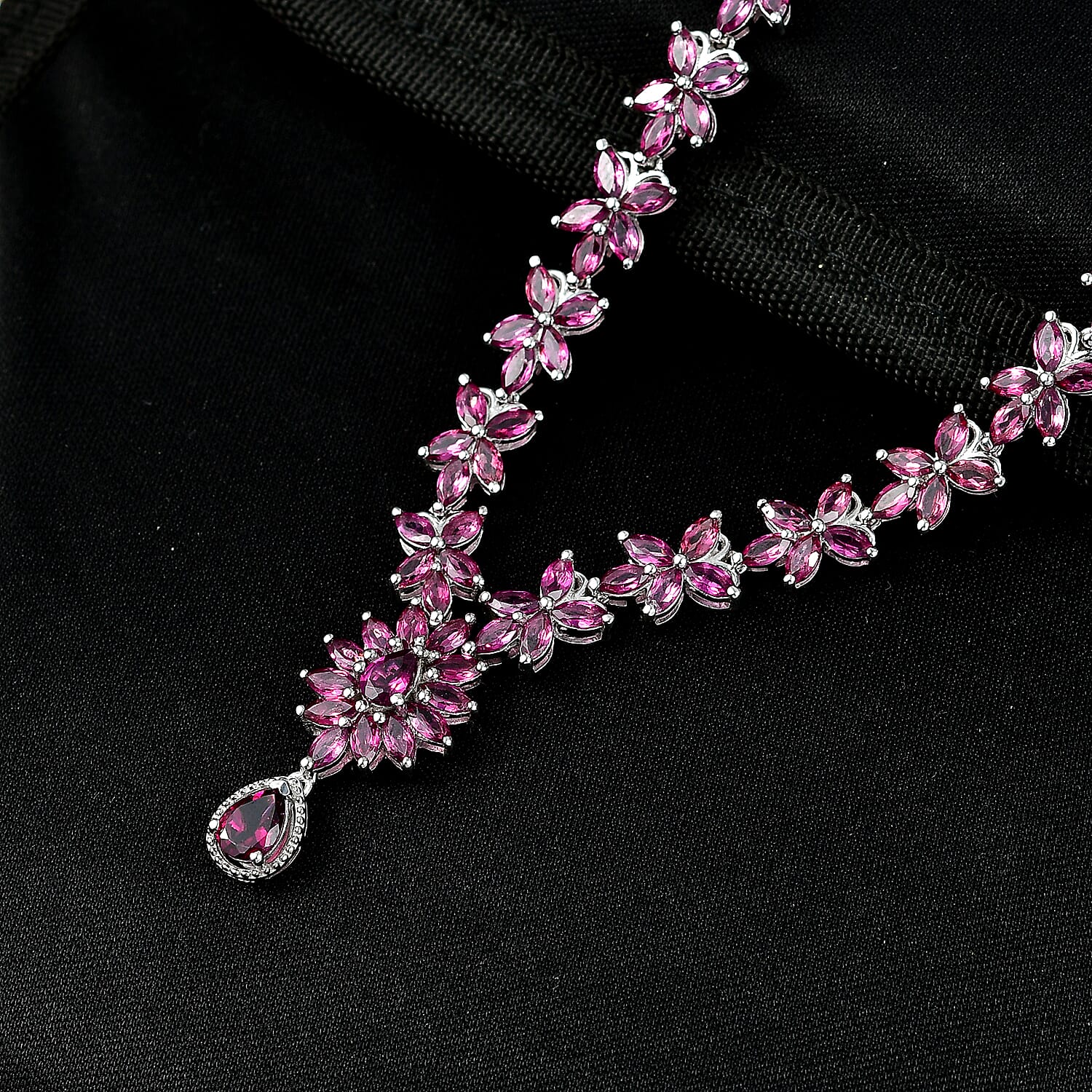 D'Joy Premium Orissa Rhodolite Garnet 17.00 ctw Wine Petal Necklace in Rhodium Over Sterling Silver 18-20 Inches