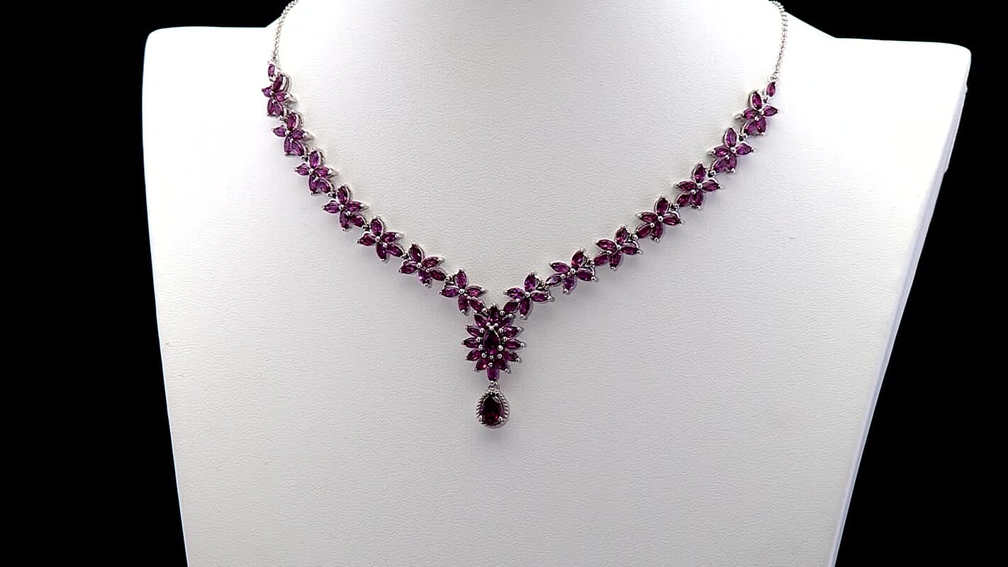 D'Joy Premium Orissa Rhodolite Garnet 17.00 ctw Wine Petal Necklace in Rhodium Over Sterling Silver 18-20 Inches