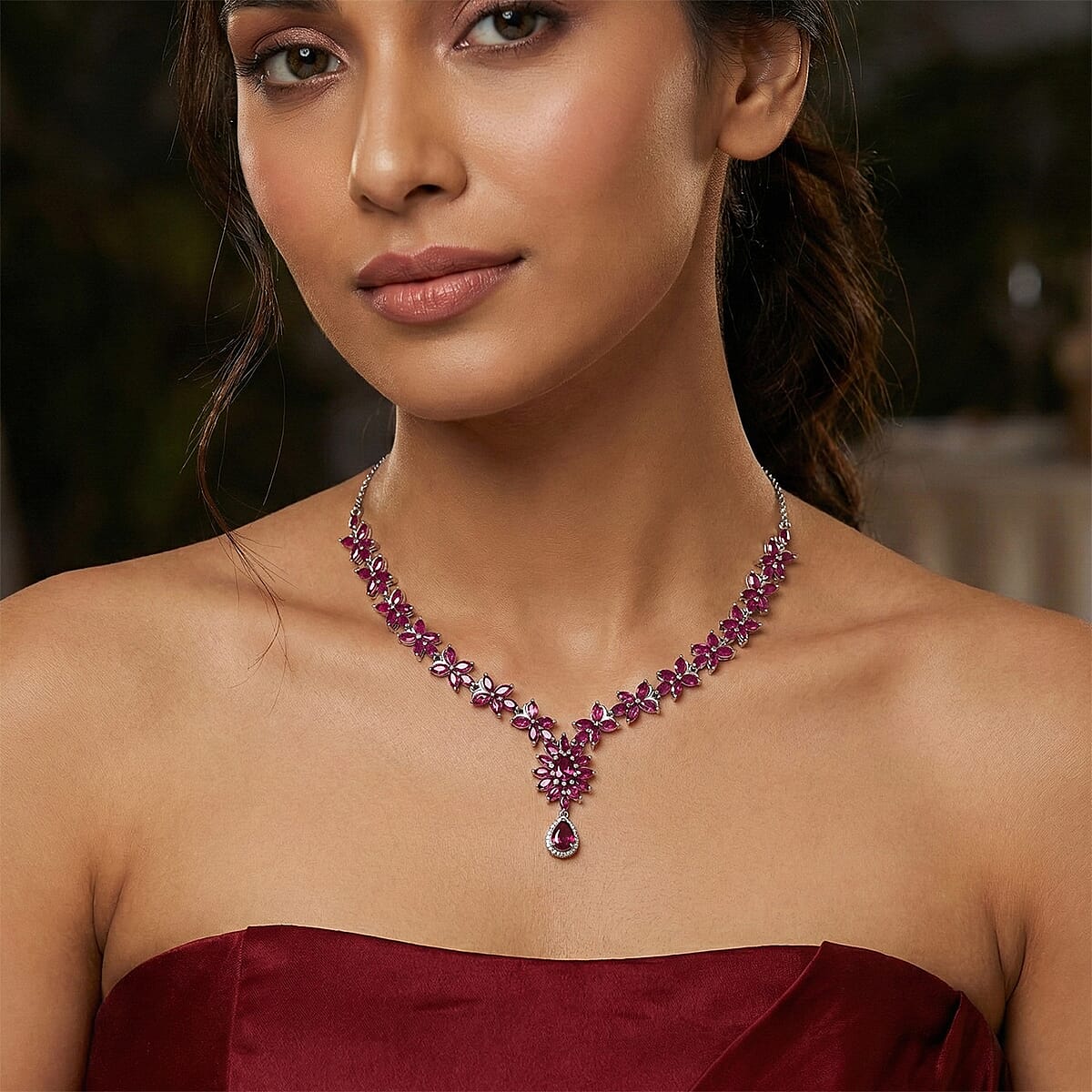 D'Joy Premium Orissa Rhodolite Garnet 17.00 ctw Wine Petal Necklace in Rhodium Over Sterling Silver 18-20 Inches  image number 2