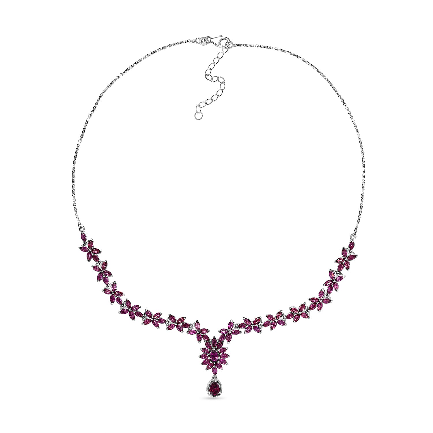 D'Joy Premium Orissa Rhodolite Garnet 17.00 ctw Wine Petal Necklace in Rhodium Over Sterling Silver 18-20 Inches