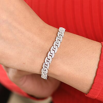 D'Joy Moissanite 4.35 ctw Cuban Chain Men's Bracelet in Rhodium Over Sterling Silver (8.00 In)
