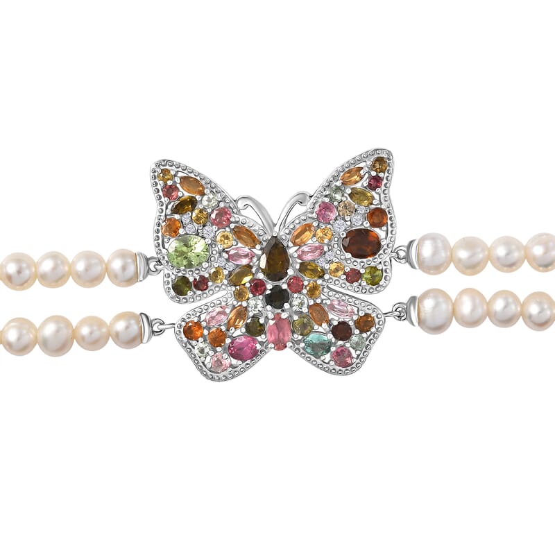 GP Italian Garden Collection Multi-Tourmaline and Multi Gemstone 5.85 ctw Butterfly Bracelet in Rhodium Over Sterling Silver (6.50 In)