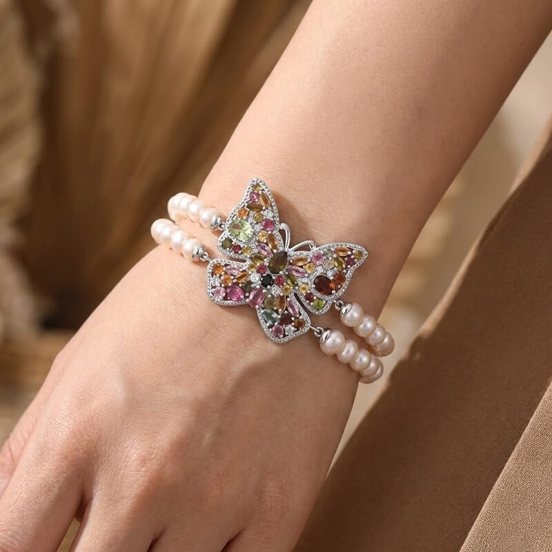 GP Italian Garden Collection Multi-Tourmaline and Multi Gemstone 5.85 ctw Butterfly Bracelet in Rhodium Over Sterling Silver (6.50 In)