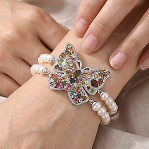GP Multi-Tourmaline, Multi Gemstone Butterfly Bracelet in Rhodium Over Sterling Silver (6.50 In) 5.85 ctw
