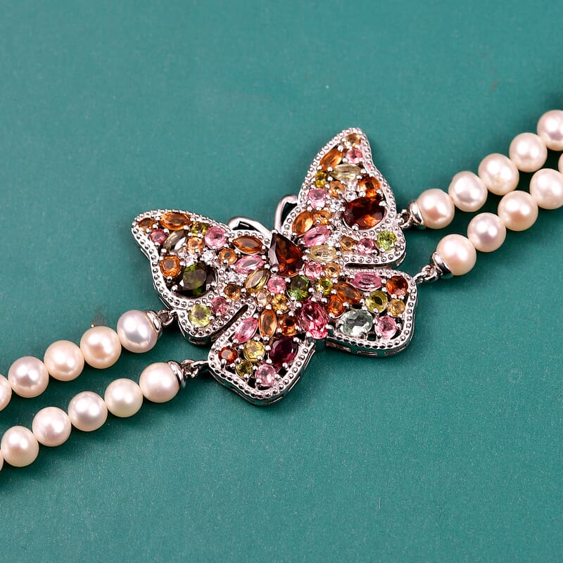 GP Italian Garden Collection Multi-Tourmaline and Multi Gemstone 5.85 ctw Butterfly Bracelet in Rhodium Over Sterling Silve (7.25 In)
