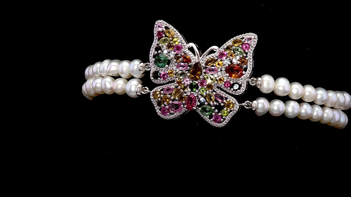 GP Multi-Tourmaline, Multi Gemstone Butterfly Bracelet in Rhodium Over Sterling Silver (6.50 In) 5.85 ctw