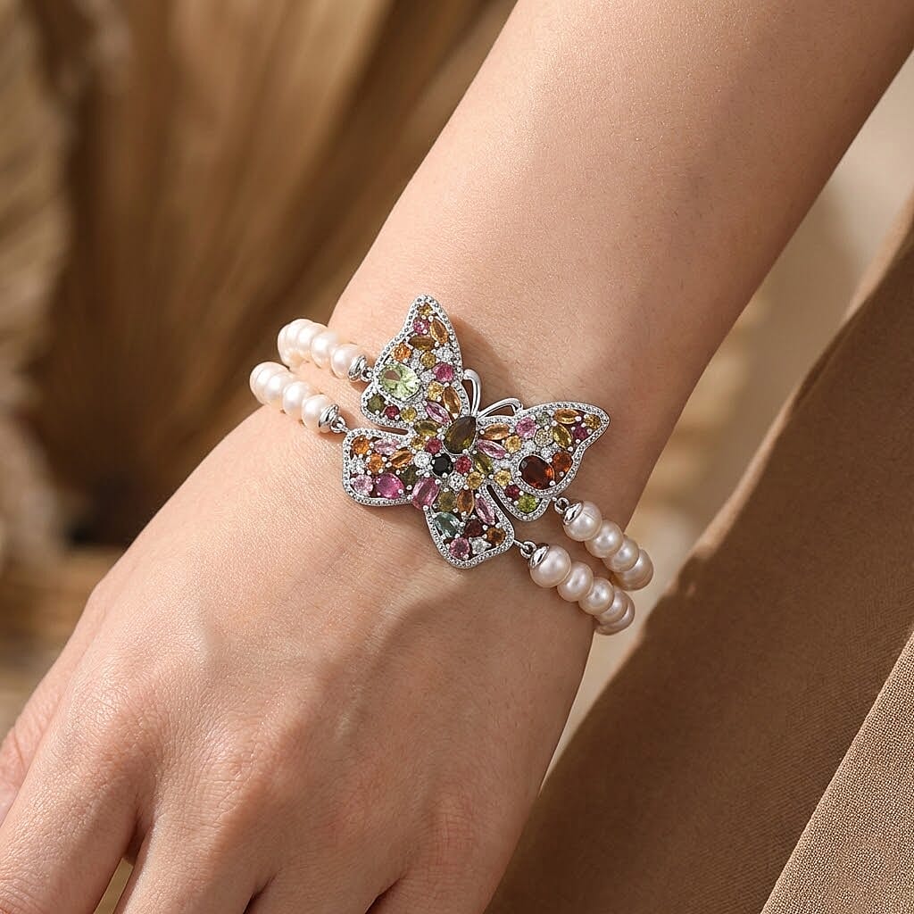 GP Italian Garden Collection Multi-Tourmaline and Multi Gemstone 5.85 ctw Butterfly Bracelet in Rhodium Over Sterling Silve (7.25 In)