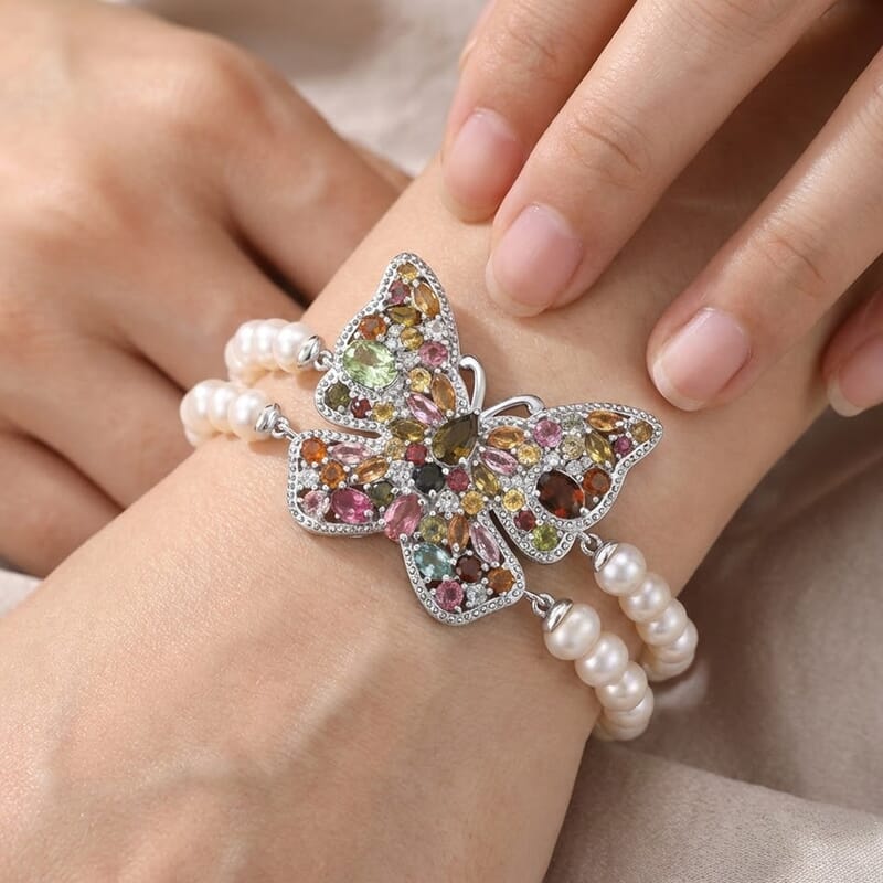 GP Italian Garden Collection Multi-Tourmaline and Multi Gemstone 5.85 ctw Butterfly Bracelet in Rhodium Over Sterling Silve (7.25 In)