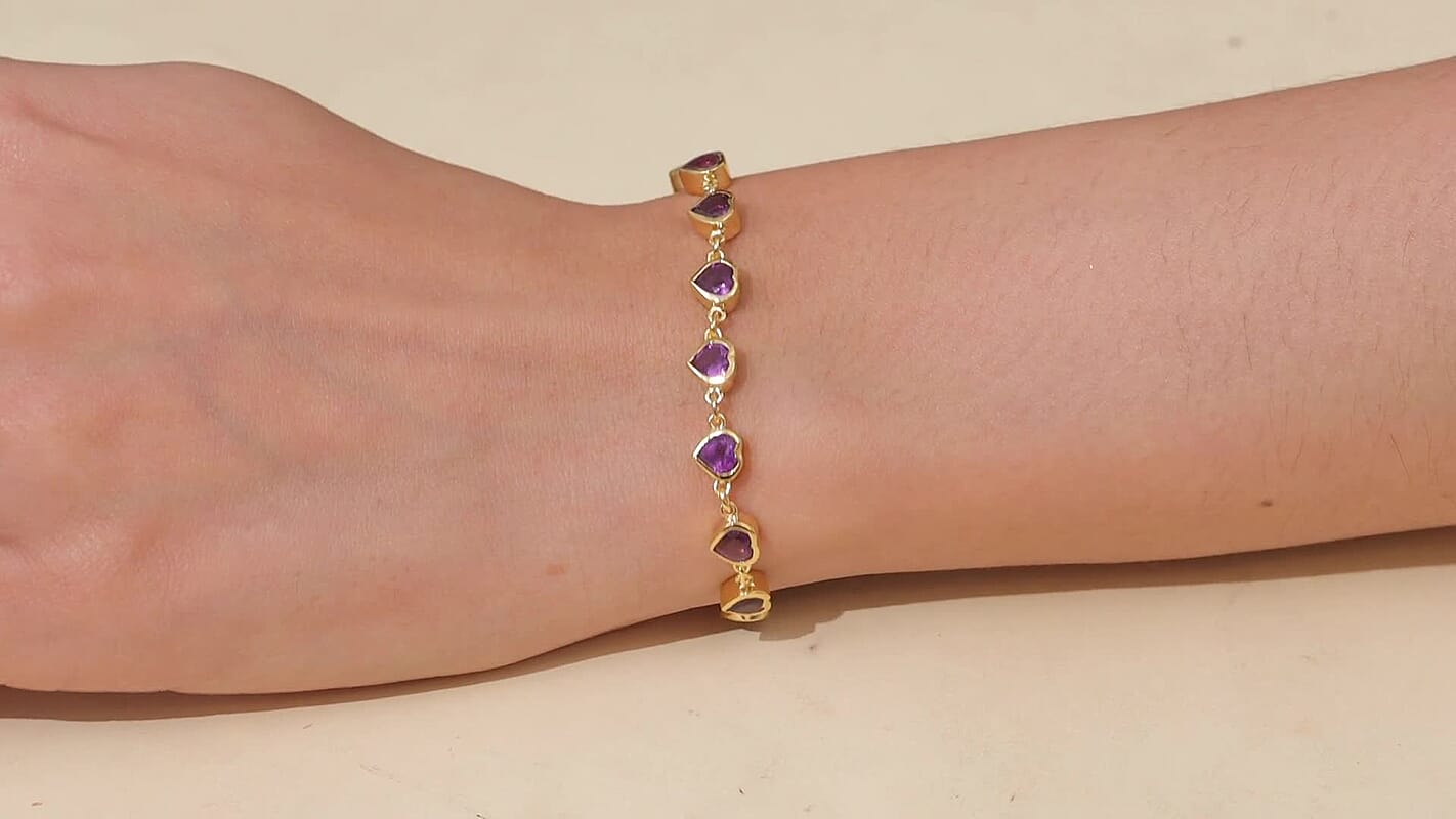 EverTrue African Amethyst 4.65 ctw Heart Journey Bracelet in 18K YG Plated with ION Plated YG Stainless Steel (7.25-8.25In)
