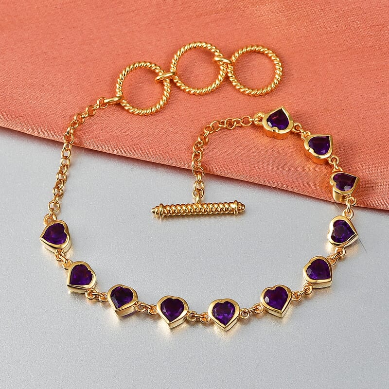 EverTrue African Amethyst 4.65 ctw Heart Journey Bracelet in 18K YG Plated with ION Plated YG Stainless Steel (7.25-8.25In)