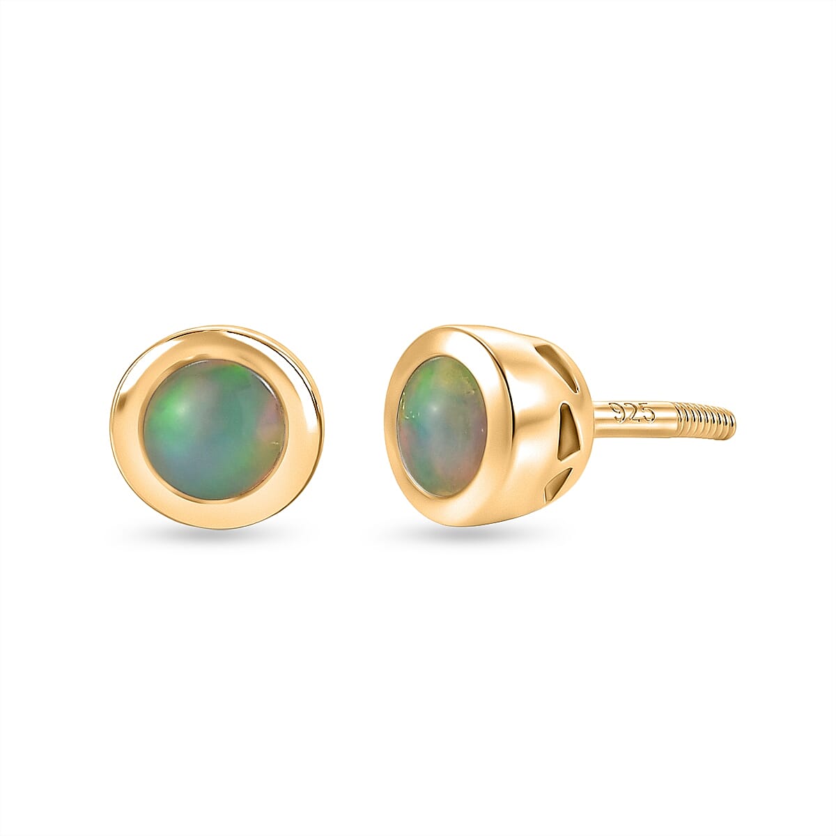 D'Joy Poke Free Premium Ethiopian Welo Opal 0.30 ctw Solitaire Stud Earrings in 18K Vermeil Yellow Gold Over Sterling Silver