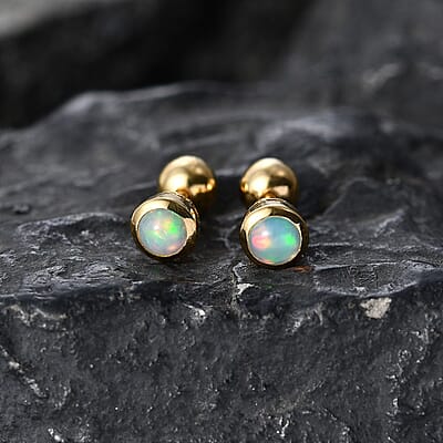 D'Joy Poke Free Premium Ethiopian Welo Opal 0.30 ctw Solitaire Stud Earrings in 18K Vermeil Yellow Gold Over Sterling Silver