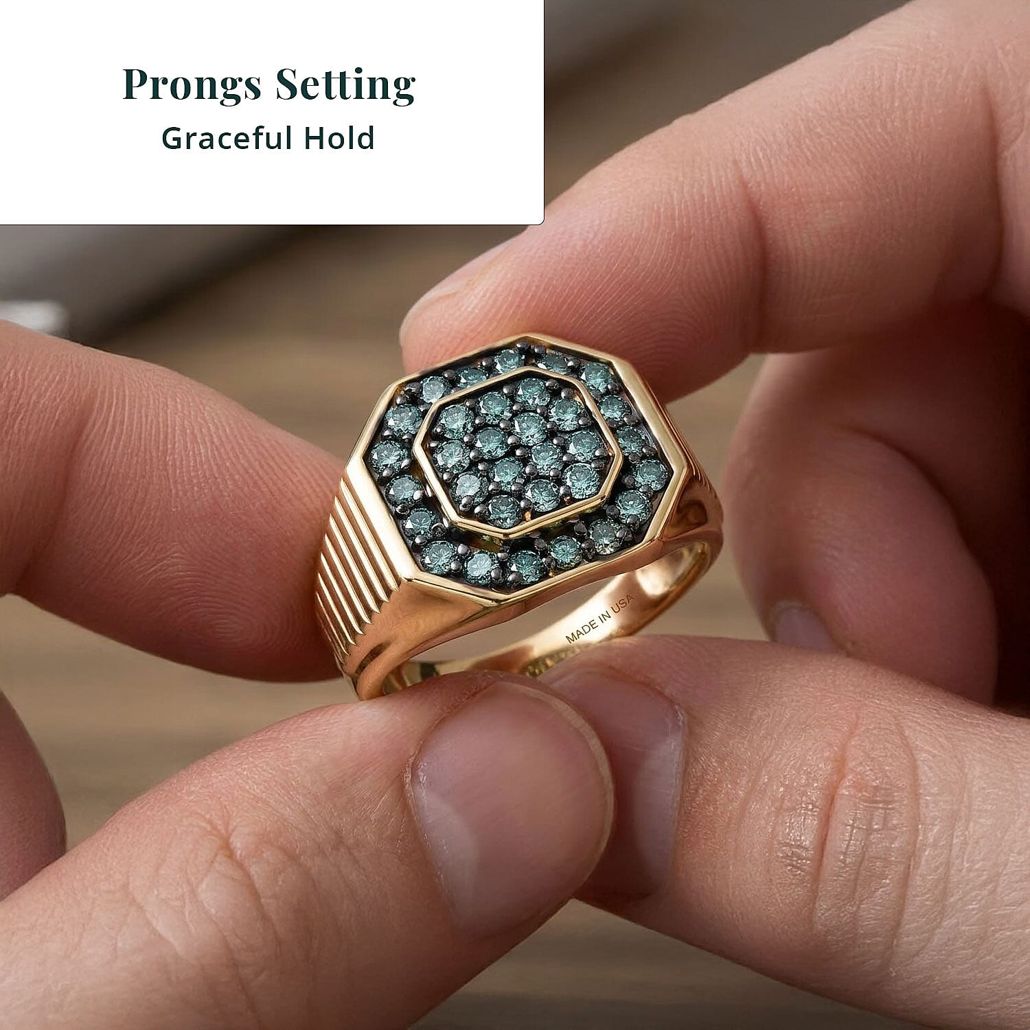 Luxuriant Lab Grown Green Diamond (IR) (SI) 1.35 ctw Men's Ring in 18K Vermeil Yellow Gold Over Sterling Silver (Size 10.0)