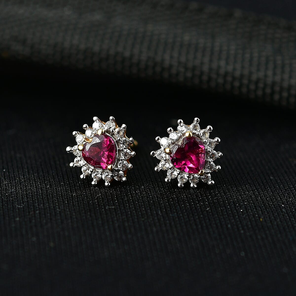 D'Joy Premium Orissa Rhodolite Garnet and White Zircon 0.90 ctw Heart Earrings in 18K Vermeil Yellow Gold and Rhodium Over Sterling Silver image number 1