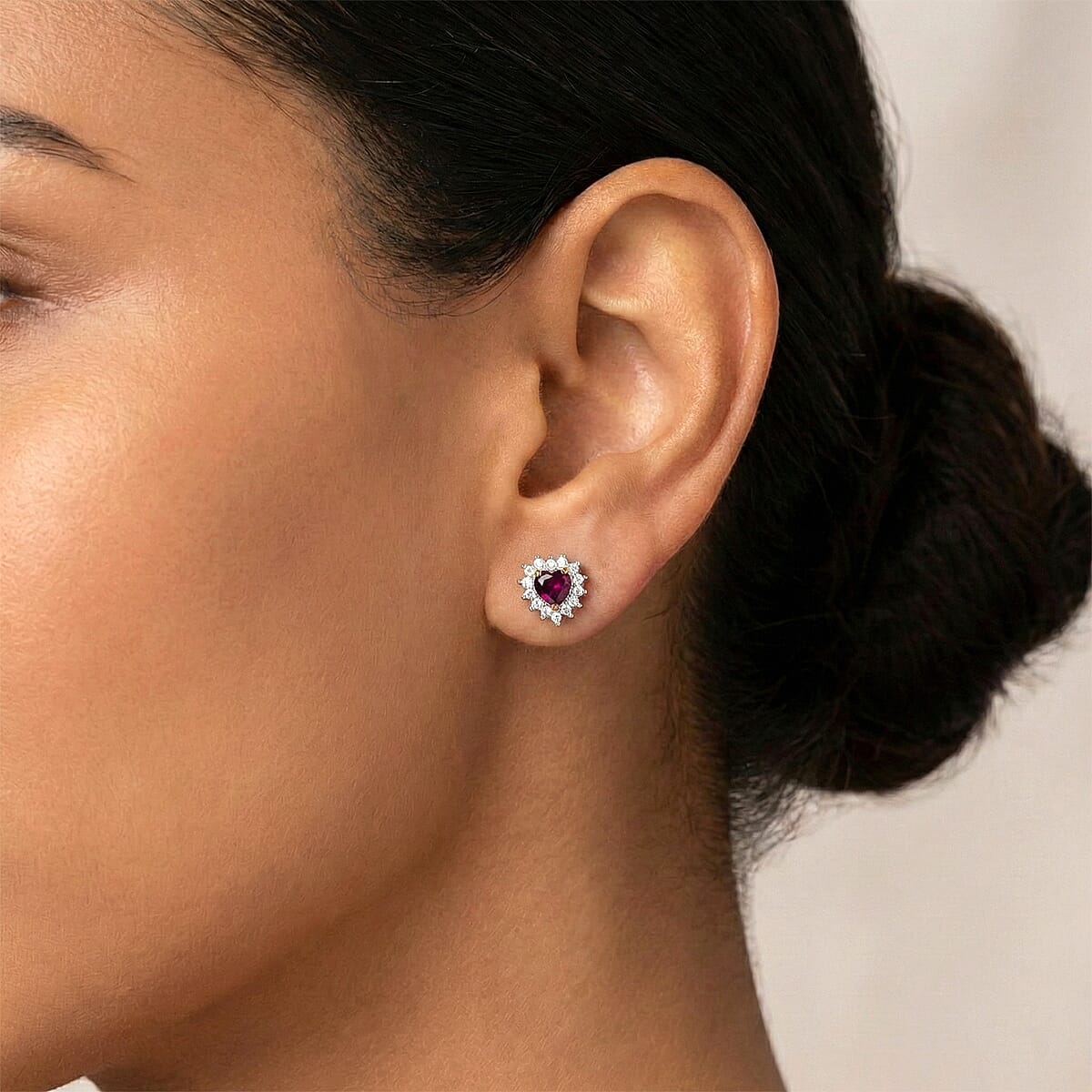 D'Joy Premium Orissa Rhodolite Garnet and White Zircon 0.90 ctw Heart Earrings in 18K Vermeil Yellow Gold and Rhodium Over Sterling Silver image number 2