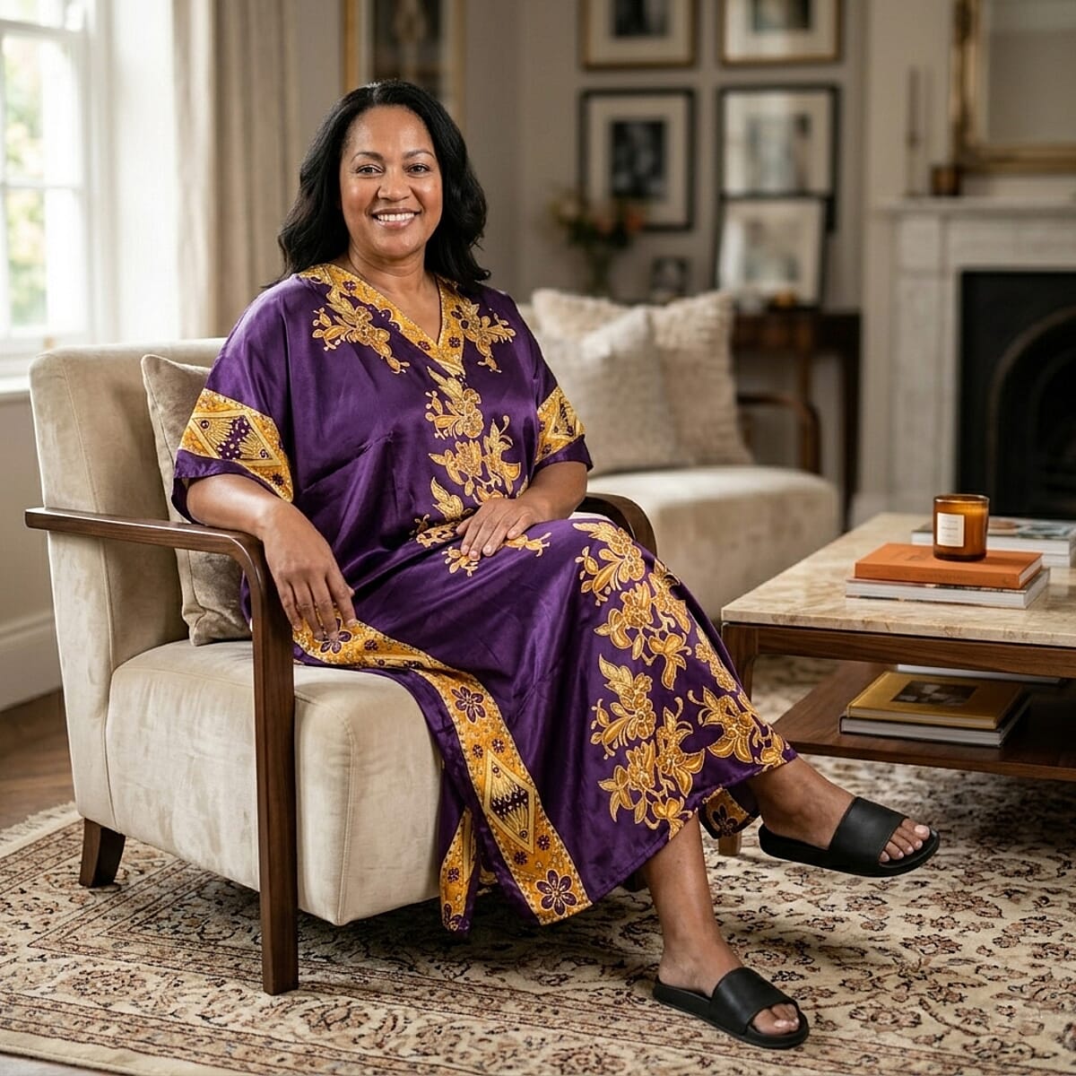Winlar Purple Floral Long Kaftan image number 1