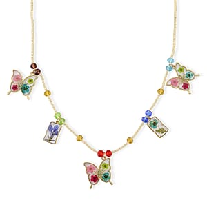 Resin, Multi Color Glass Necklace with Dry Flowers Filled Butterfly Charms in Goldtone (20-22Inches)