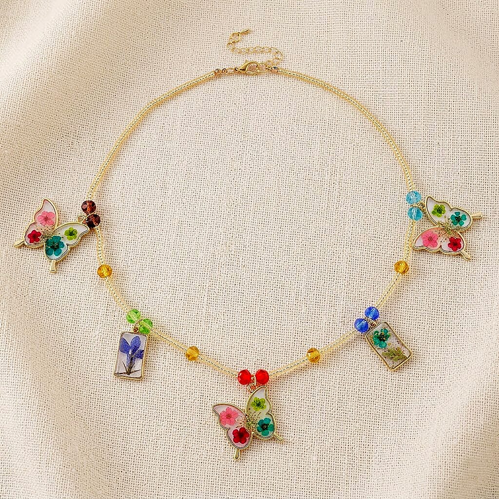 Resin, Multi Color Glass Necklace with Dry Flowers Filled Butterfly Charms in Goldtone (20-22Inches)
