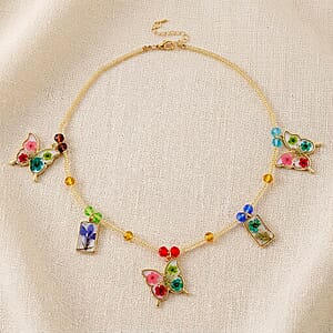Resin, Multi Color Glass Necklace with Dry Flowers Filled Butterfly Charms in Goldtone (20-22Inches)