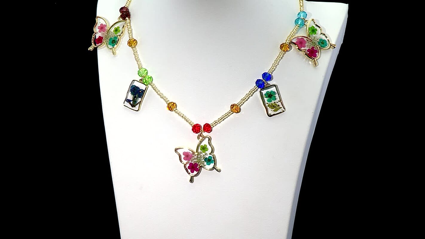 Resin, Multi Color Glass Necklace with Dry Flowers Filled Butterfly Charms in Goldtone (20-22Inches)