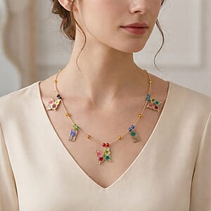Resin, Multi Color Glass Necklace with Dry Flowers Filled Butterfly Charms in Goldtone (20-22Inches)