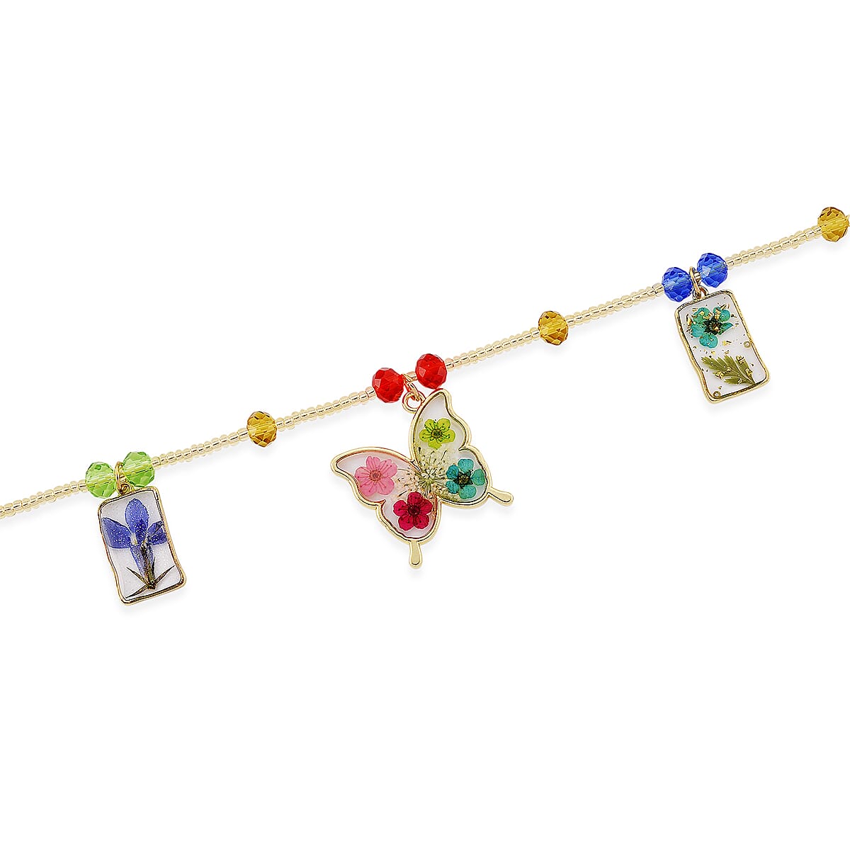 Resin, Multi Color Glass Necklace with Dry Flowers Filled Butterfly Charms in Goldtone (20-22Inches) image number 3