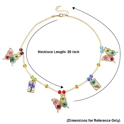 Resin, Multi Color Glass Necklace with Dry Flowers Filled Butterfly Charms in Goldtone (20-22Inches)