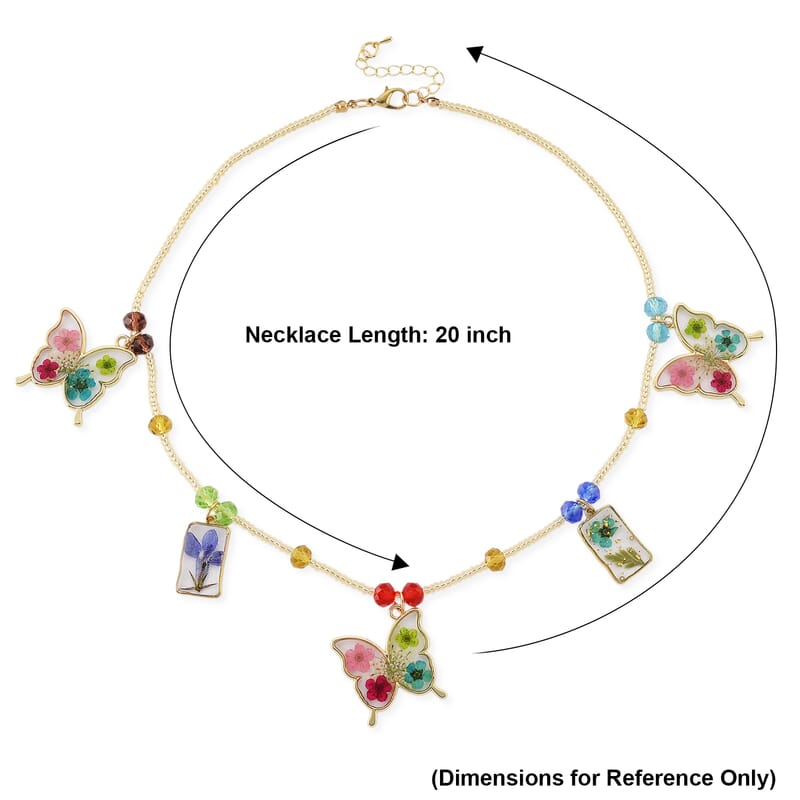 Resin, Multi Color Glass Necklace with Dry Flowers Filled Butterfly Charms in Goldtone (20-22Inches)