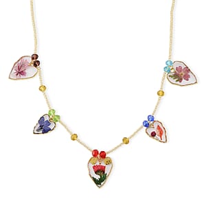 Resin, Multi Color Glass Necklace with Dry Flowers Filled Heart Charms in Goldtone (20-22Inches)