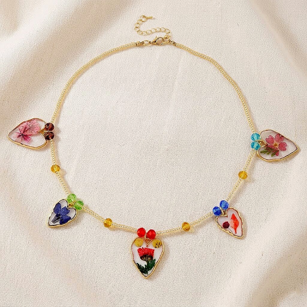 Resin, Multi Color Glass Necklace with Dry Flowers Filled Heart Charms in Goldtone (20-22Inches)